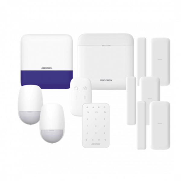 KIT de Alarma AXPRO, Incluye: 1 Hub con batería de respaldo, 2 Sensores PIR, 3 Contactos Magnéticos mini, 1 Control Remoto, 1 Sirena Inalámbrica Exterior, 1 Teclado Inalámbrico
