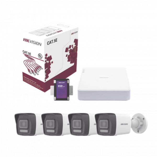 Kit IP 4 Megapíxel, NVR de 4 Canales con 4 Puertos PoE, 4 Cámaras IP Bala Dual Light (IR + Luz Blanca), Bobina de Cable de 100 mts y SSD de 1 TB