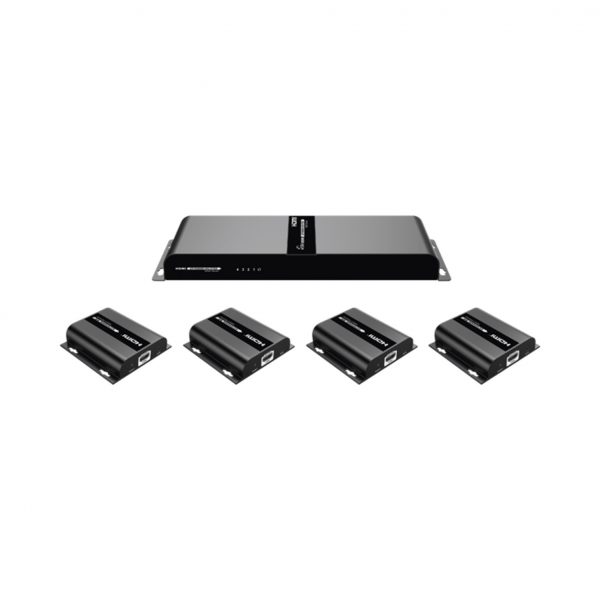 Kit Divisor y Extensor HDMI (Extender Splitter) / Divide 1 Fuente HDMI a 4 Pantallas / Extiende la señal HDMI hasta 120 m / Resolución 1080P 60 Hz / Cat 6/6a / Soporta IR / Baja Latencia / Uso24/7 / Alimente solo el Tx (PoC).