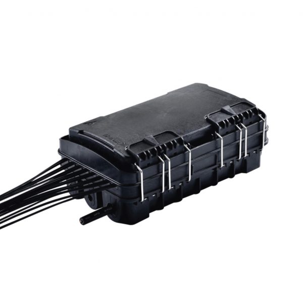 Caja de Distribución de Fibra Óptica para 24 Empalmes, con 16 acopladores SC/APC simplex, Exterior IP65, Color Negro