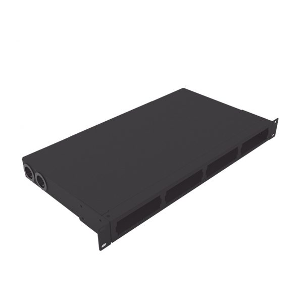 Distribuidor de fibra óptica vacío 19in, Acepta 4 placas Acopladoras de Linkedpro, hasta 24 fibras, 1UR, Incluye charola de empalme