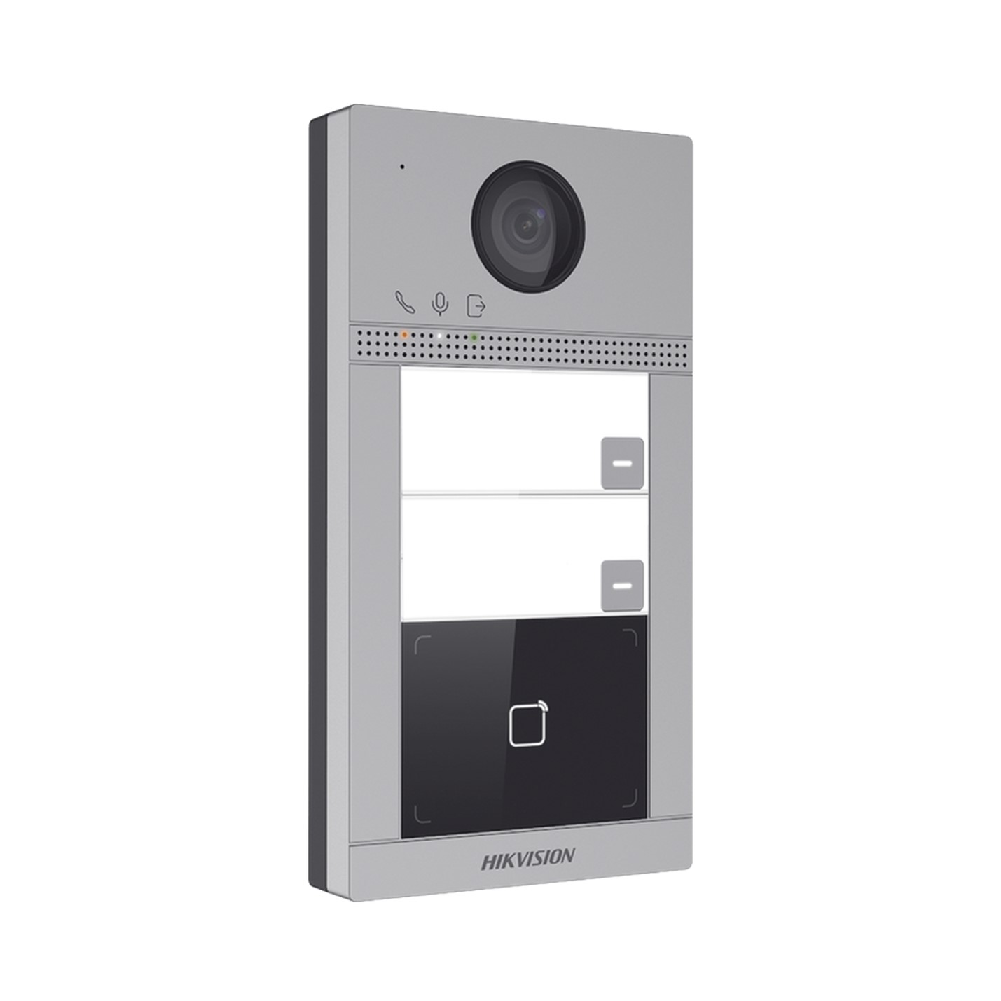 Videoportero IP 2 Megapíxel / Llamada y Apertura Remota desde App Hik-Connect (requiere monitor) / PoE / Exterior IP65 + Antivandálico IK08 / 2 Departamentos / Apertura con Tarjeta / Soporta 2 Puertas y hasta 6 Monitores