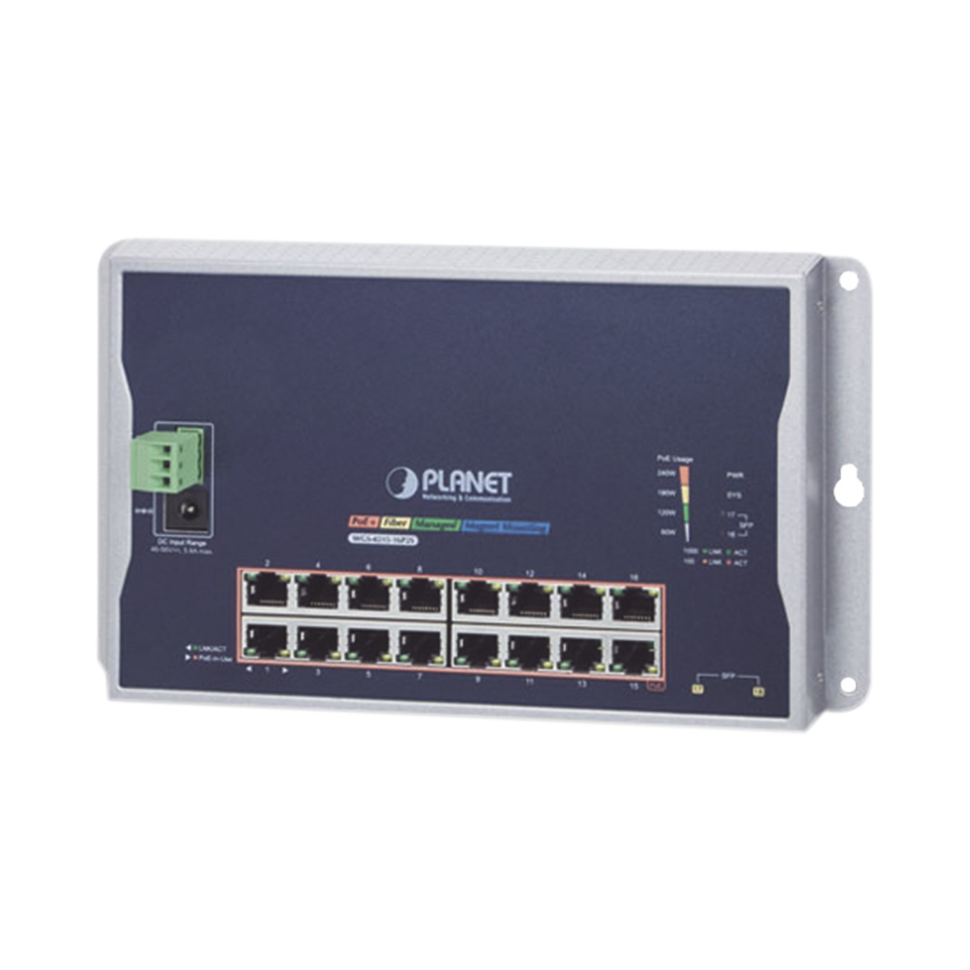Switch Industrial Administrable Capa 2 de Pared,16 Puertos PoE 802.3at Gigabit y 2 Puertos SFP