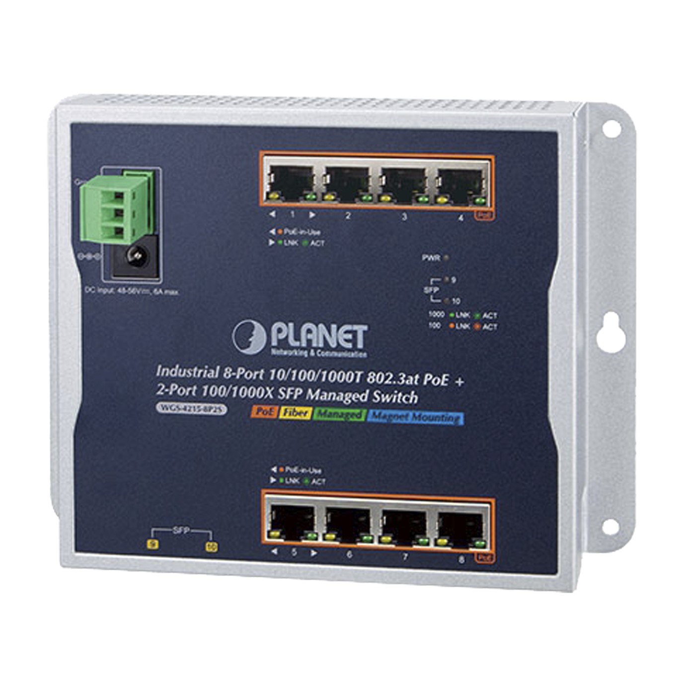 Switch Industrial PoE Administrable de Pared Capa 2, 8 Puertos Gigabit PoE 802.3at y 2 Puertos 100/1000X SFP