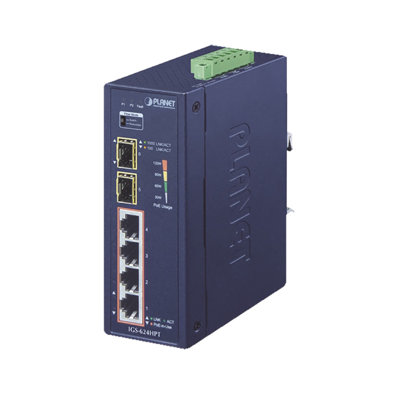 Switch PoE Industrial No Administrable de 4 Puertos PoE 10/100/1000T 802.3at, 2 Puertos SFP 10/1000X
