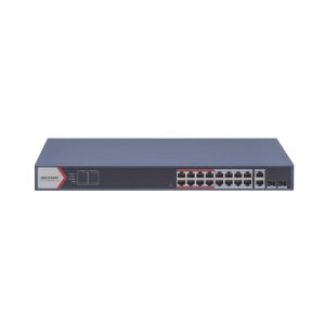 Switch PoE+ / Monitoreable / 16 puertos 10/100 Mbps PoE+ / 2 Puertos 1000 Mbps Uplink / 2 Puertos SFP de Uplink / Configuración Nube Hik-Partner Pro / Modo Extendido hasta 300 metros / 230 W