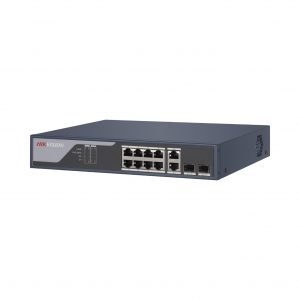 Switch PoE+ / Administrable / Uso en Rack / 8 Puertos 10/100 PoE+ / 2 Puertos 1000 Mbps Uplink / 2 Puertos SFP / Configuración Nube desde Hik-PartnerPro / Modo Extendido hasta 300 Metros / 125 W