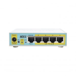 (hEX PoE LITE) RouterBoard, 5 Puertos Fast Ethernet, 4 con PoE Pasivo, 1 Puerto USB