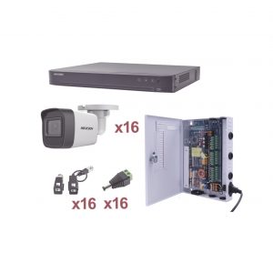 KIT TurboHD 1080p / DVR 16 Canales / 16 Cámaras Bala (exterior 2.8 mm) / Transceptores / Conectores / Fuente de Poder Profesional