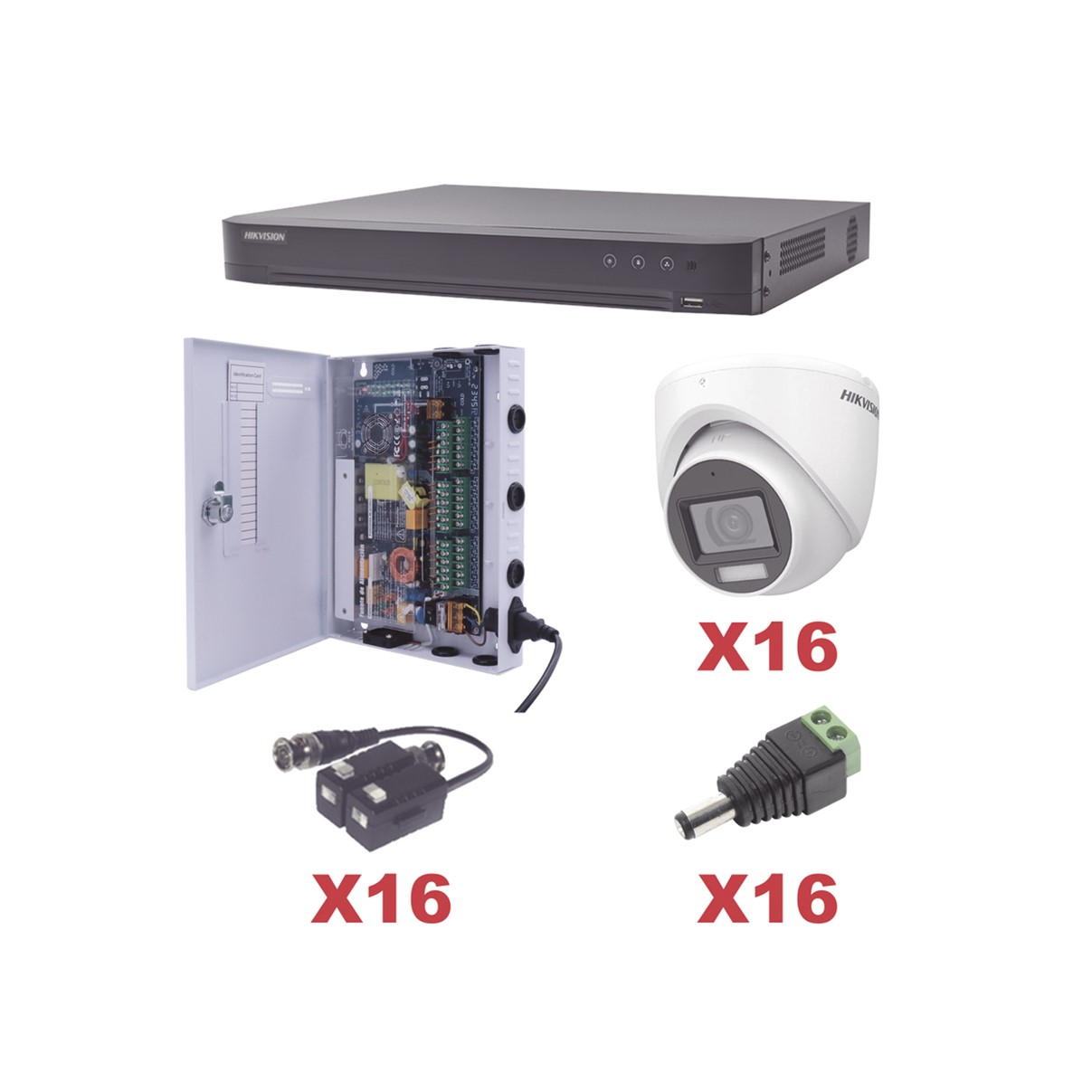KIT TurboHD 1080p / DVR 16 Canales / 16 Cámaras Turret con Audio Integrado (Exterior 2.8 mm) / Transceptores / Conectores / Fuente de Poder Profesional