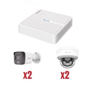 Kit IP 1080p (2 Megapíxel) / NVR de 4 Canales con 4 Puertos PoE / 2 Cámaras IP Bala para Exterior con microfono y Dual light / 2 Cámaras IP Domo para Exterior