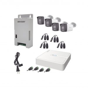 Kit HiLook Audio Bidireccional TurboHD 1080p / DVR 4 Canales / 4 Cámaras Bala (Exterior) con Bocina y Micrófono Integrado / 1 Fuente de Poder / Accesorios