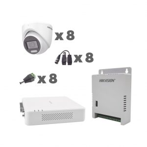 KIT TurboHD 1080p / DVR 8 Canales con audio por coaxitron / 8 Cámaras con Micrófono Integrado 101° Visión/ luz blanca + IR visión nocturna / Transceptores / Conectores / Fuente de Poder Profesional