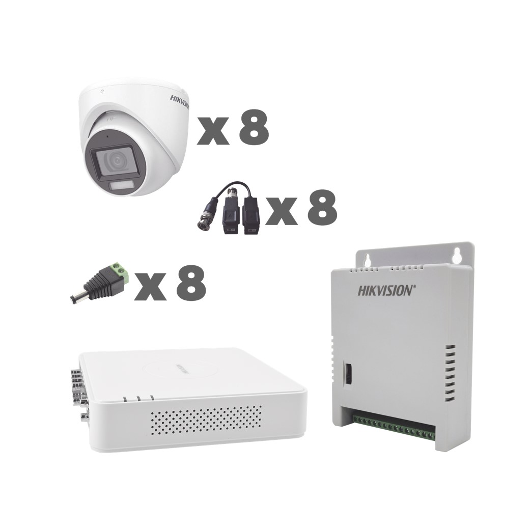 KIT TurboHD 1080p / DVR 8 Canales con audio por coaxitron / 8 Cámaras con Micrófono Integrado 101° Visión/ luz blanca + IR visión nocturna / Transceptores / Conectores / Fuente de Poder Profesional