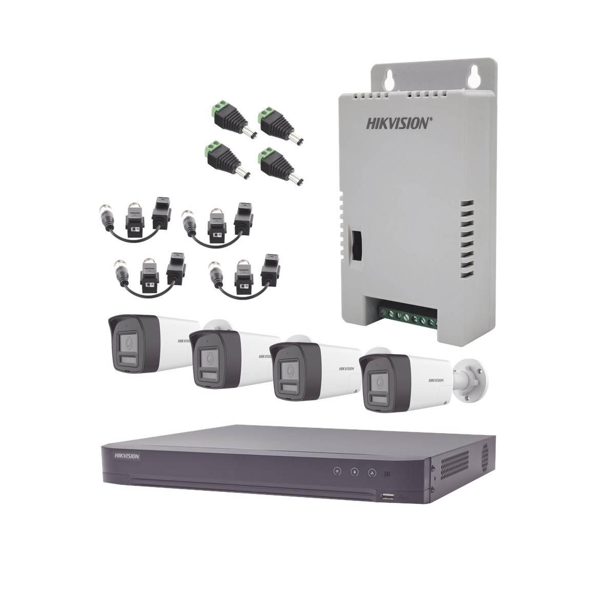 Kit Audio Bidireccional TurboHD 4K-3K / DVR 4 Canales 4K / 4 Cámaras Bala (Exterior) con Bocina y Microfóno Integrado 3K / 1 Fuentes de Poder / Accesorios