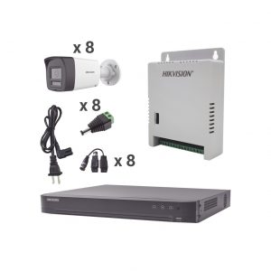 Kit Audio Bidireccional TurboHD 4K-3K / DVR 8 Canales 4K / 8 Cámaras Bala (Exterior) con Bocina y Microfóno Integrado 3K / 1 Fuentes de Poder / Accesorios