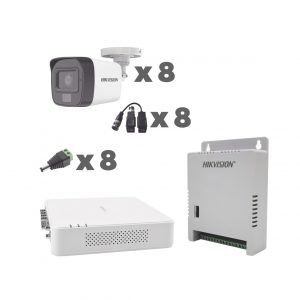 KIT TurboHD 1080p / DVR 8 Canales con audio por coaxitron / 8 Cámaras con Micrófono Integrado 101° Visión/ luz blanca + IR visión nocturna / Transceptores / Conectores / Fuente de Poder Profesional