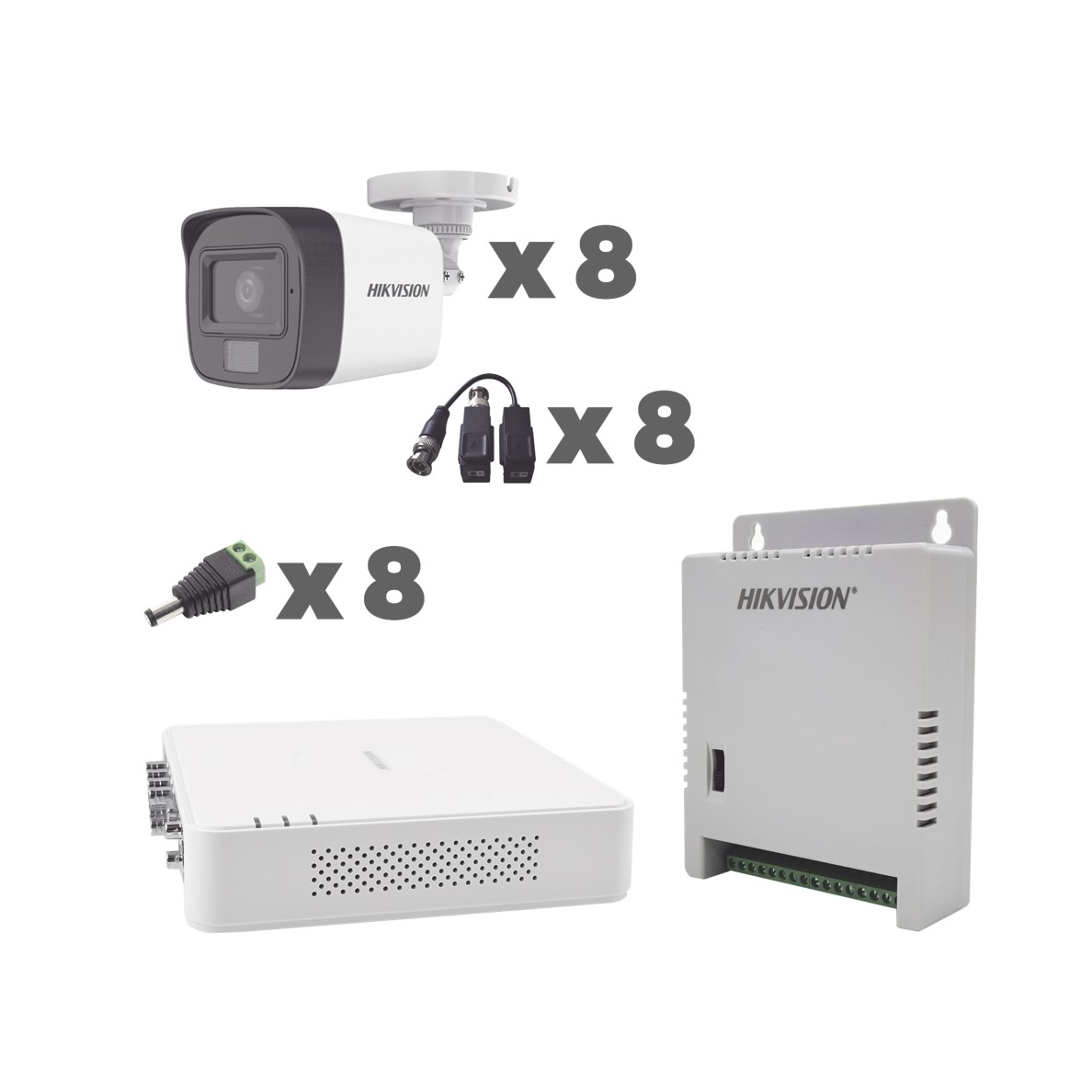 KIT TurboHD 1080p / DVR 8 Canales con audio por coaxitron / 8 Cámaras con Micrófono Integrado 101° Visión/ luz blanca + IR visión nocturna / Transceptores / Conectores / Fuente de Poder Profesional