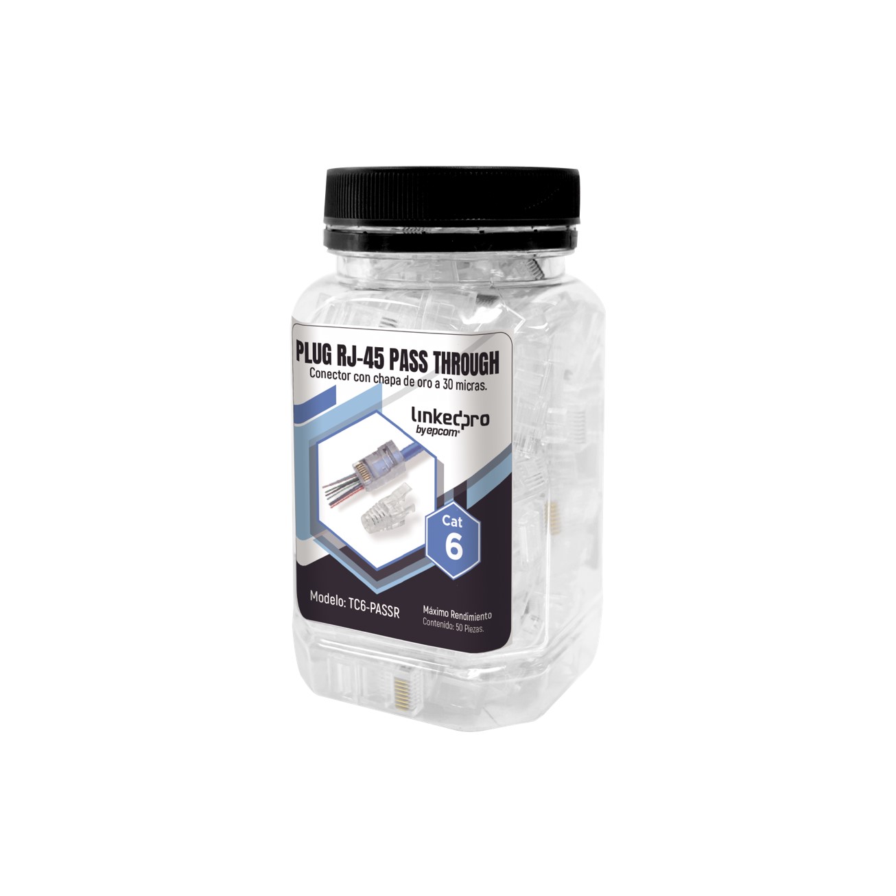 Bote con 50 Plugs Pass Through RJ45 Cat6 sin Blindaje, con Alivio de Tensión Incluido, Chapado de Oro a 30 Micras para Durabilidad Extrema